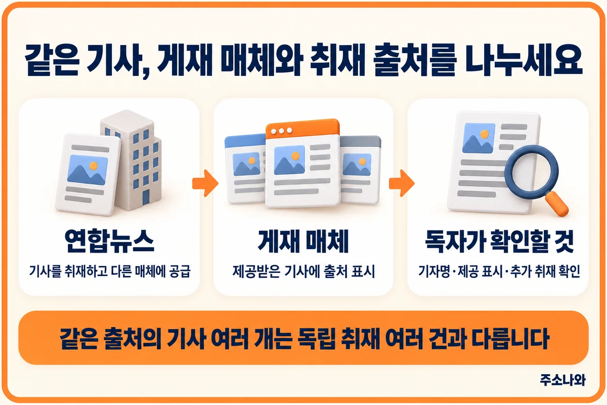 연합뉴스의 기사 공급, 게재 매체의 출처 표시, 독자의 기자명·추가 취재 확인 안내