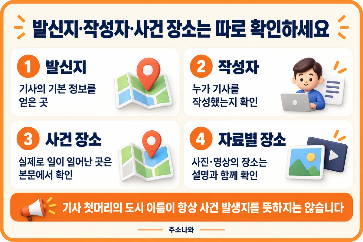 기사 발신지·작성자·사건 장소·사진과 영상의 장소를 구분하는 안내