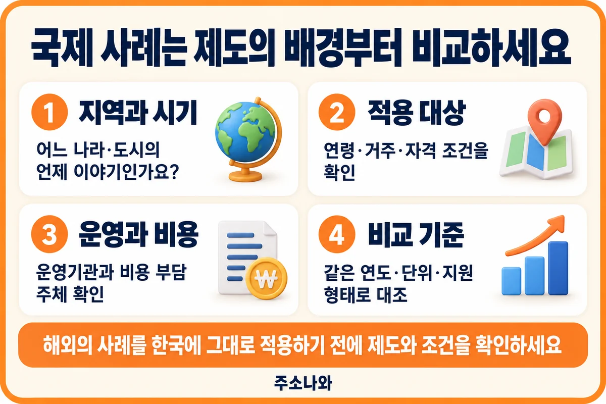 해외 사례의 지역과 시기·적용 대상·운영과 비용·비교 기준 확인표