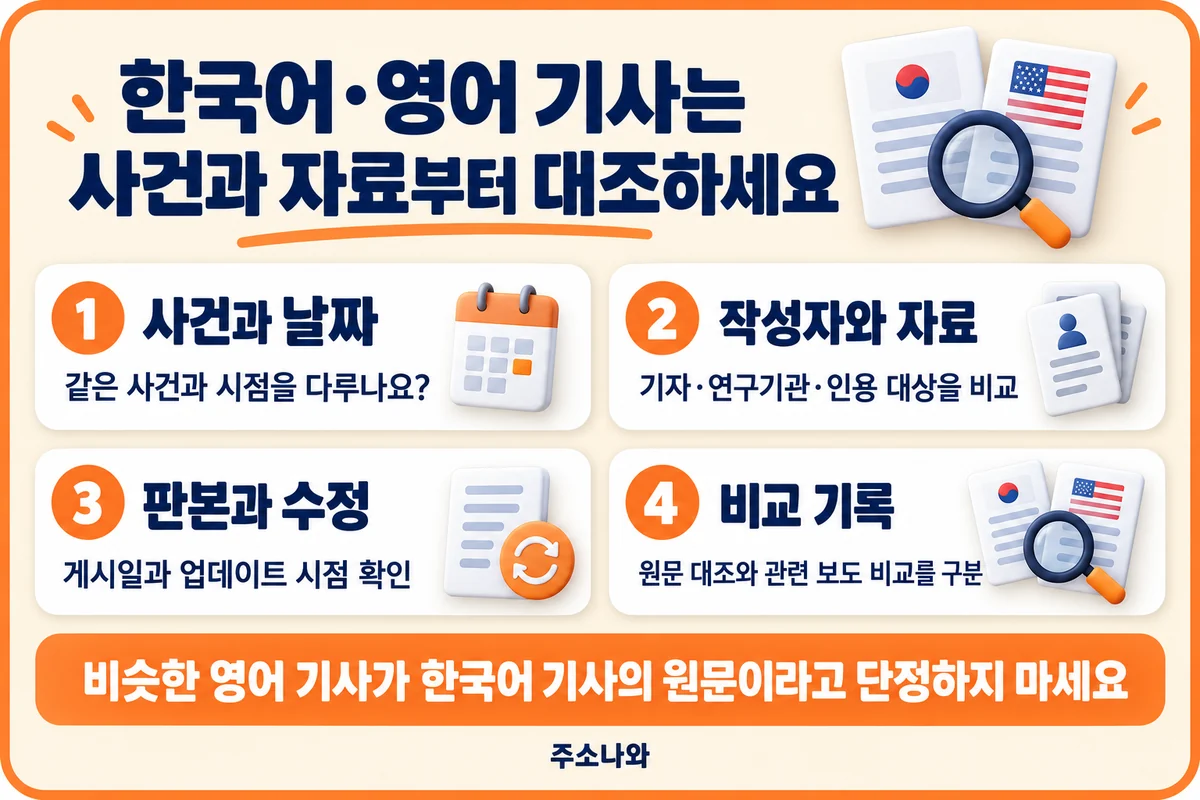 BBC News 코리아 한국어·영어 기사 대조: 사건·날짜·작성자·자료·수정 시점 확인표