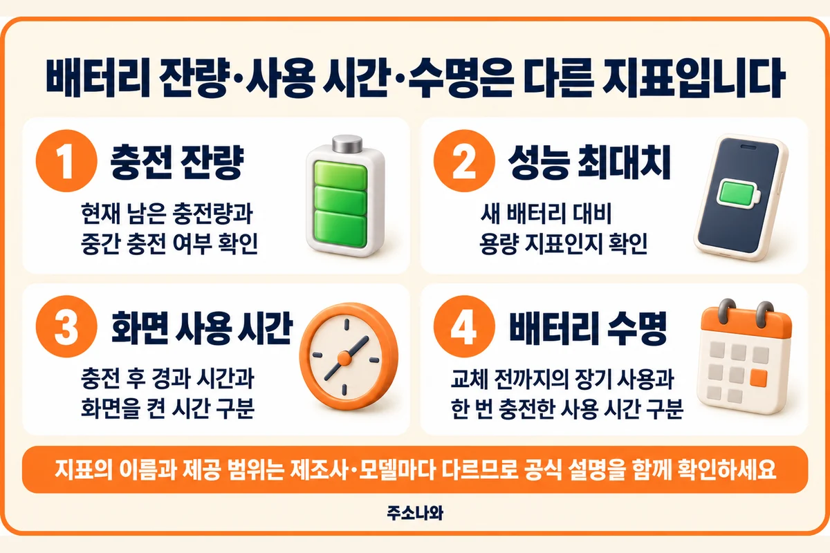 충전 잔량·성능 최대치·화면 사용 시간·배터리 수명의 의미를 구분하는 안내