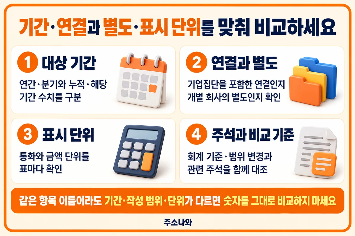 DART 안내: 대상 기간·재무제표 작성 범위·통화 및 단위·주석 확인