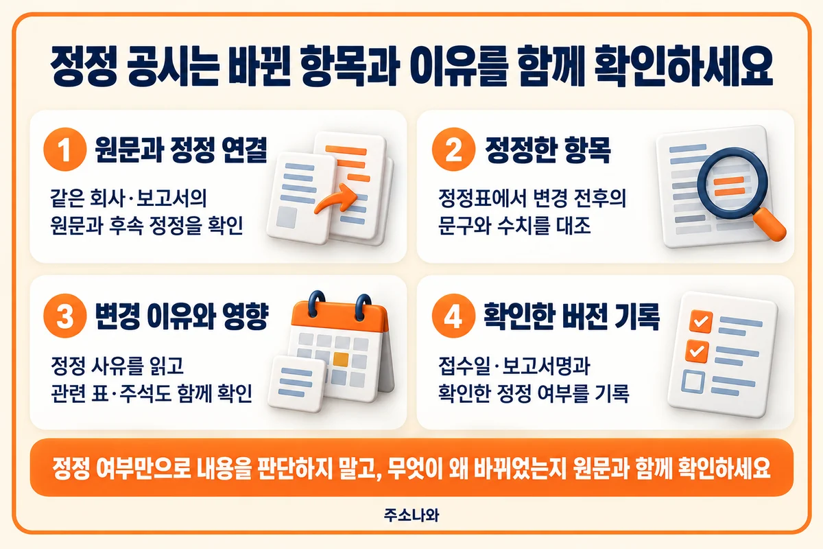 DART 안내: 원문과 정정 연결·변경 항목·정정 이유·확인 버전 기록