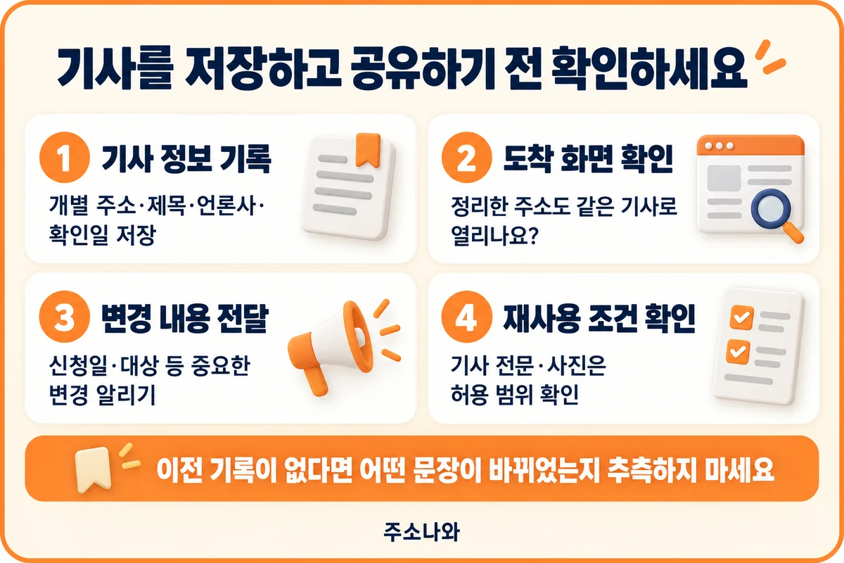 기사 정보 기록·도착 화면·변경 내용·재사용 조건 확인표
