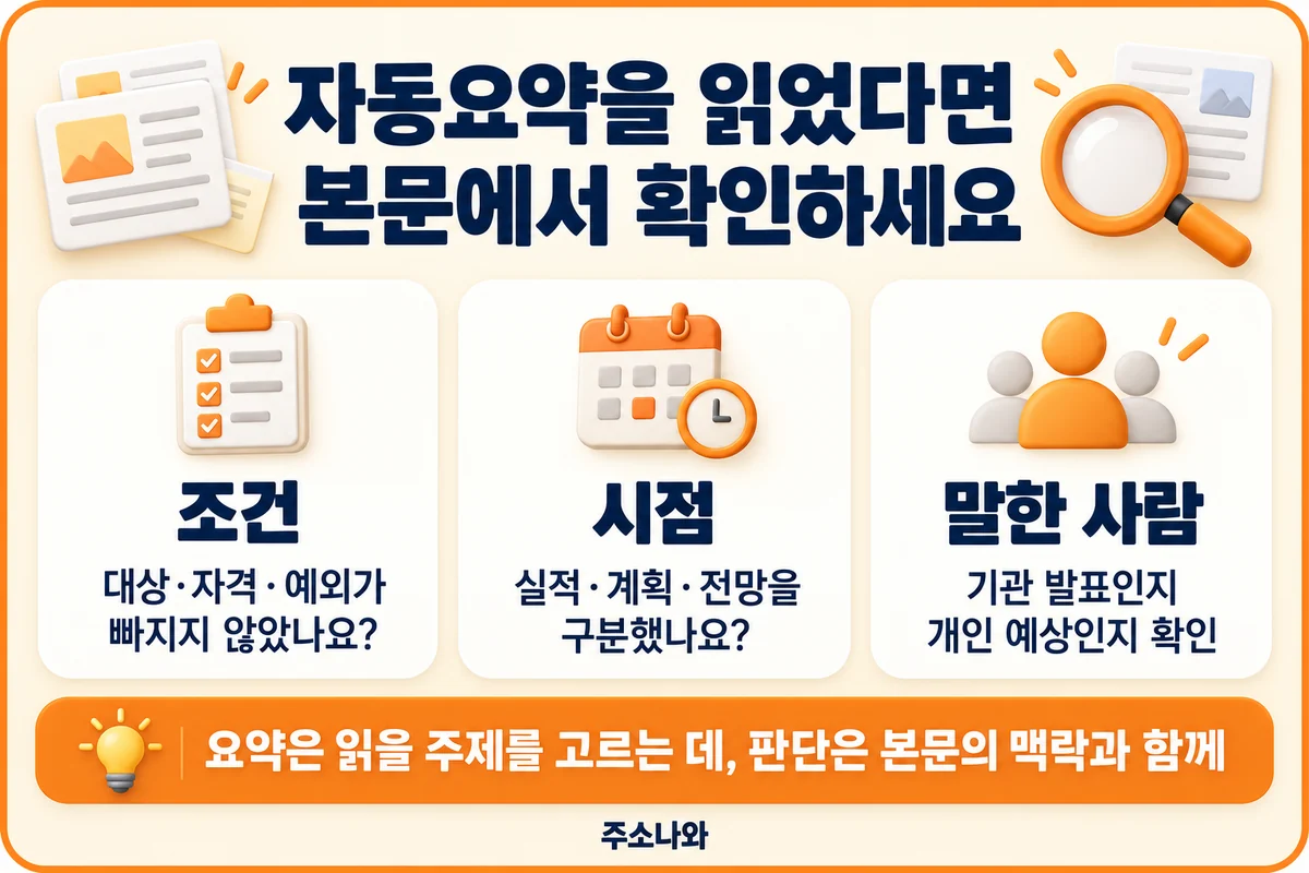 자동요약을 본문과 비교할 때 확인할 조건·시점·발언 주체