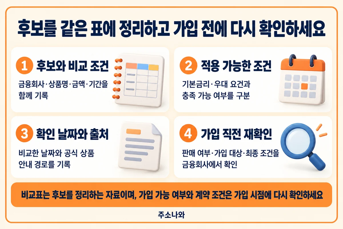 금융상품 한눈에 안내: 상품 후보·적용 조건·확인 날짜·최종 가입 조건 기록