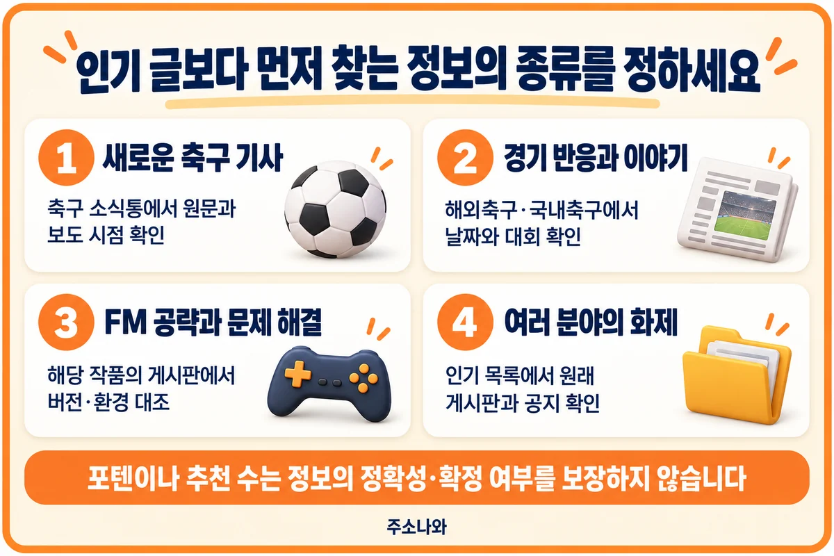 에펨코리아 안내: 축구 기사·경기 반응·FM 공략·여러 분야의 화제에 맞춰 게시판을 선택하는 기준