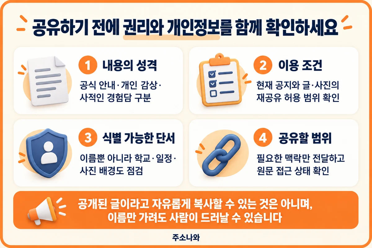 내용의 성격, 이용 조건, 식별 가능한 단서와 공유 범위를 함께 확인하는 안내