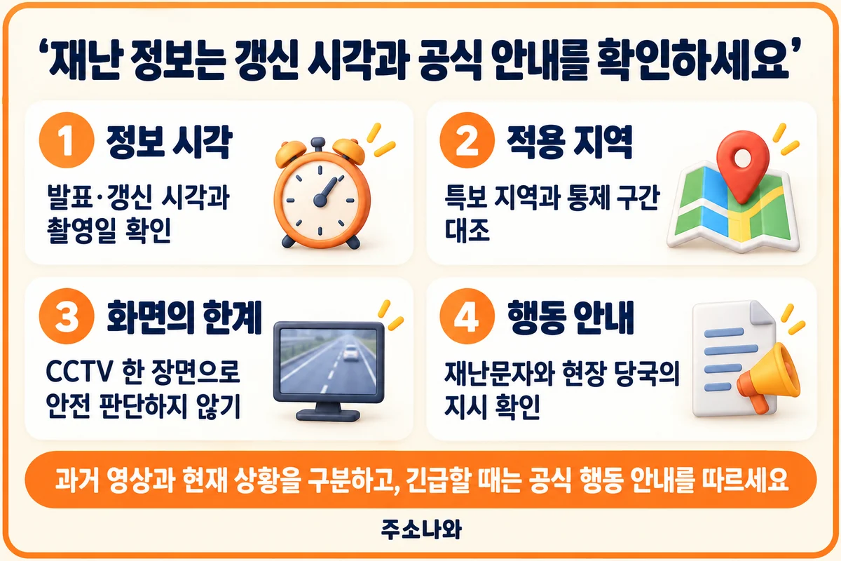 재난 정보의 갱신 시각·적용 지역·화면의 한계·공식 행동 안내 확인표