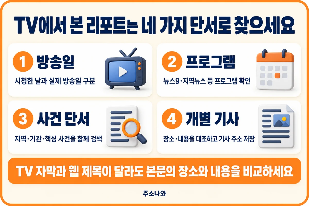 방송일·프로그램·사건 단서·개별 기사로 TV 리포트를 찾는 순서
