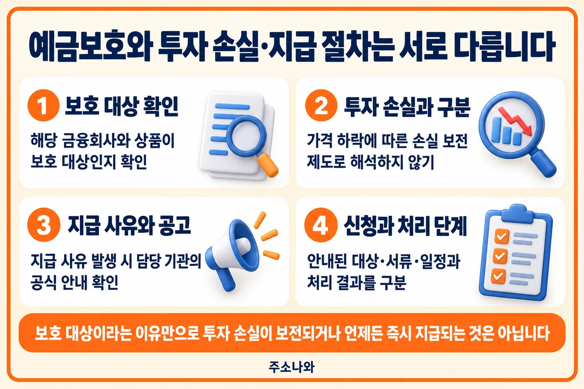 예금보험공사 안내: 보호 대상·투자 손실과의 차이·공식 지급 공고·신청 단계 확인