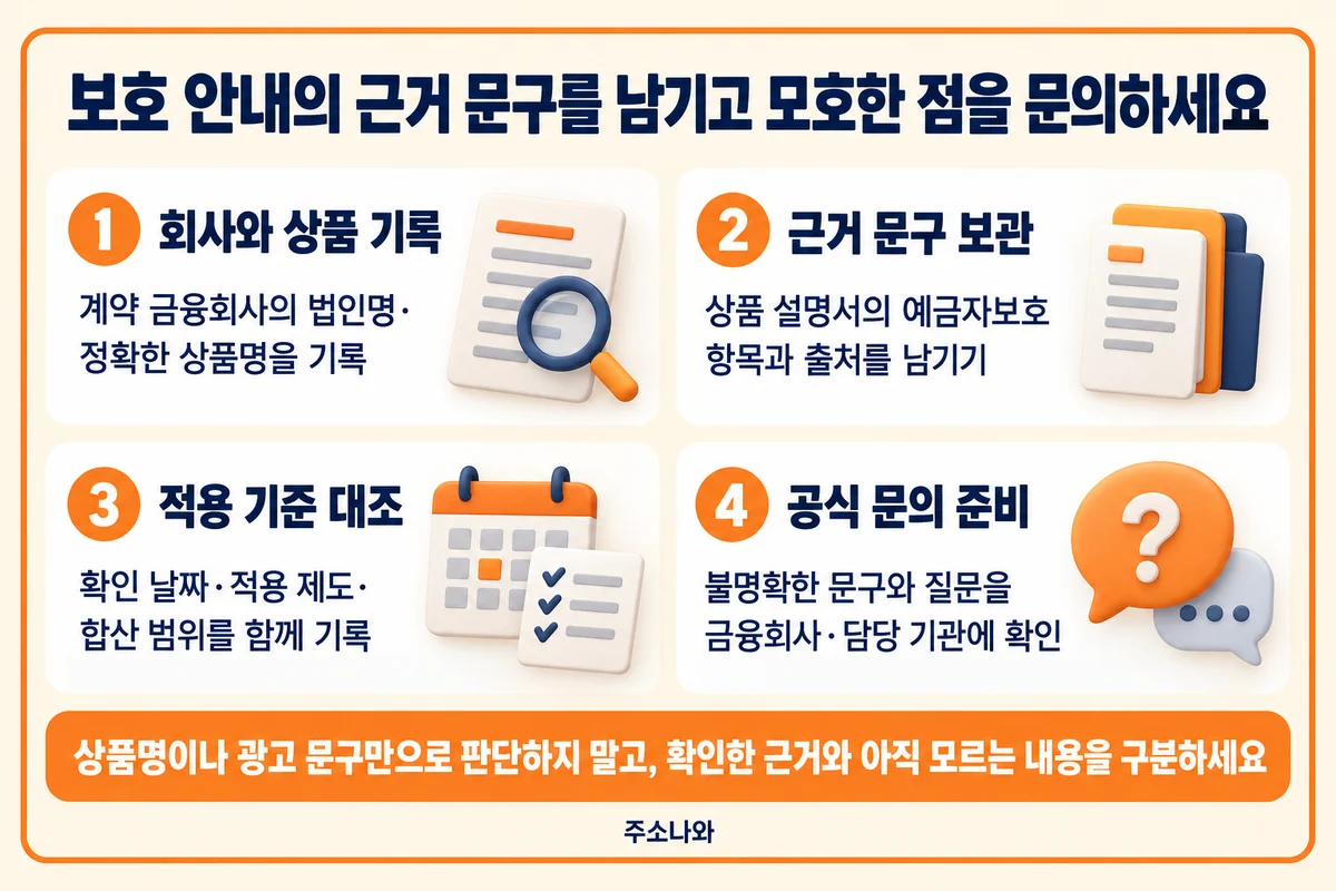 예금보험공사 안내: 정확한 회사 및 상품명·보호 문구·합산 기준·남은 질문 기록