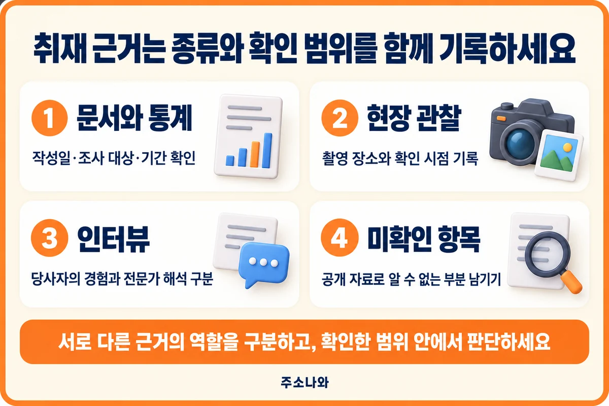 문서와 통계·현장 관찰·인터뷰·미확인 항목을 기록하는 확인표