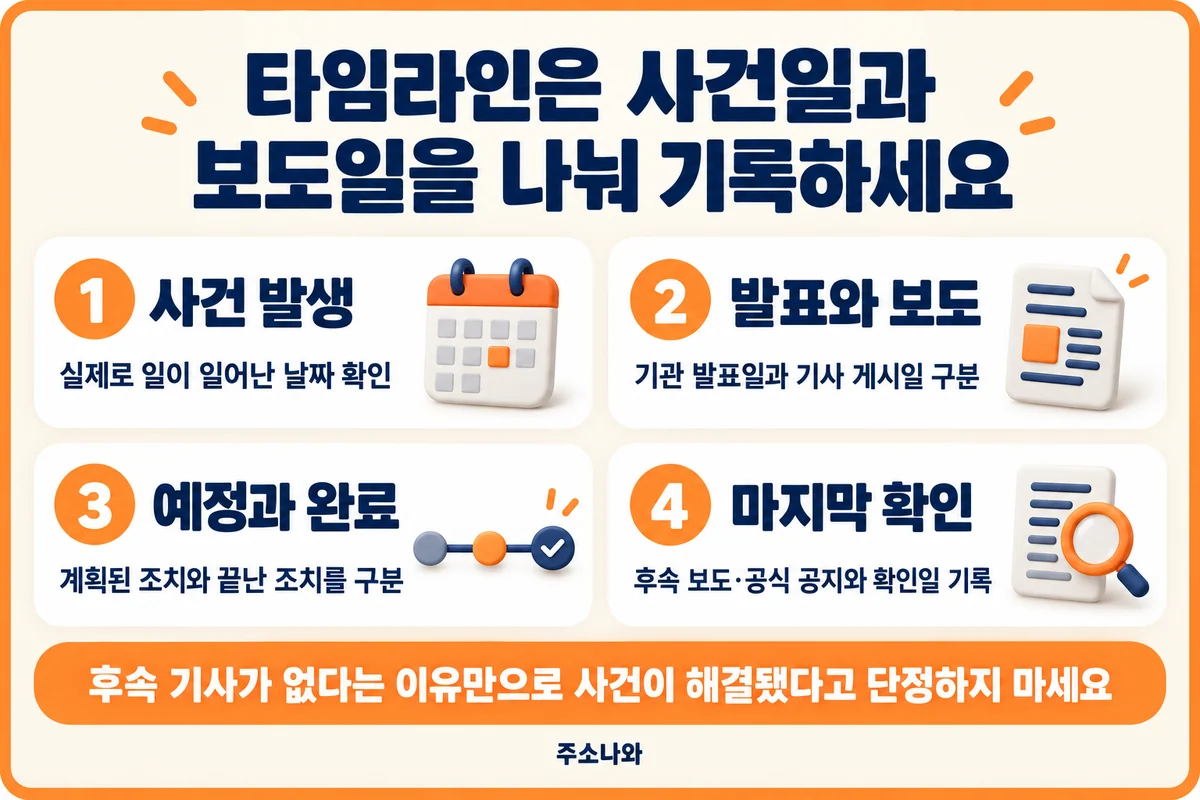 사건 발생일·발표와 보도일·예정과 완료·마지막 확인일을 구분한 타임라인