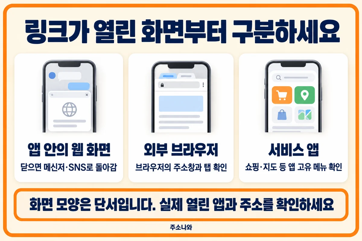 앱 안의 웹 화면·외부 브라우저·서비스 앱을 구분하는 세 가지 단서