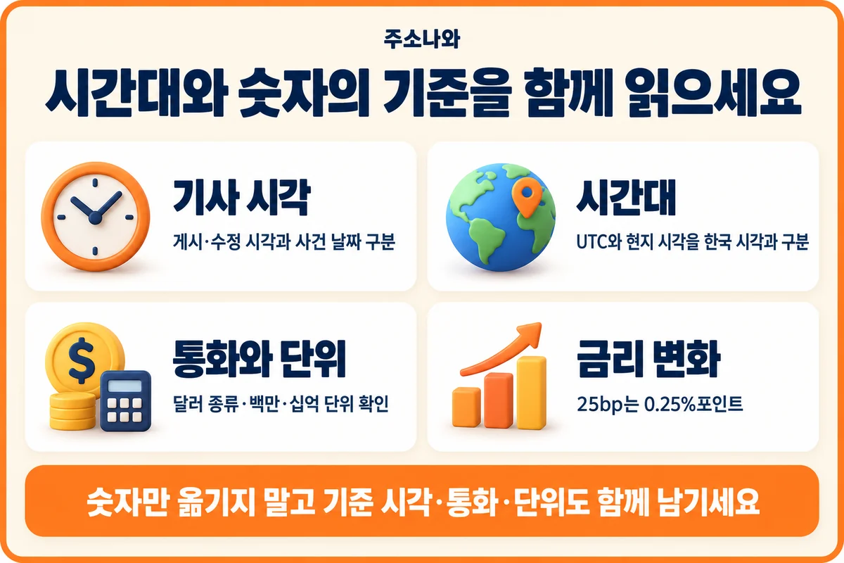 기사 시각·시간대·통화와 단위를 확인하고 25bp를 0.25%포인트로 읽는 안내