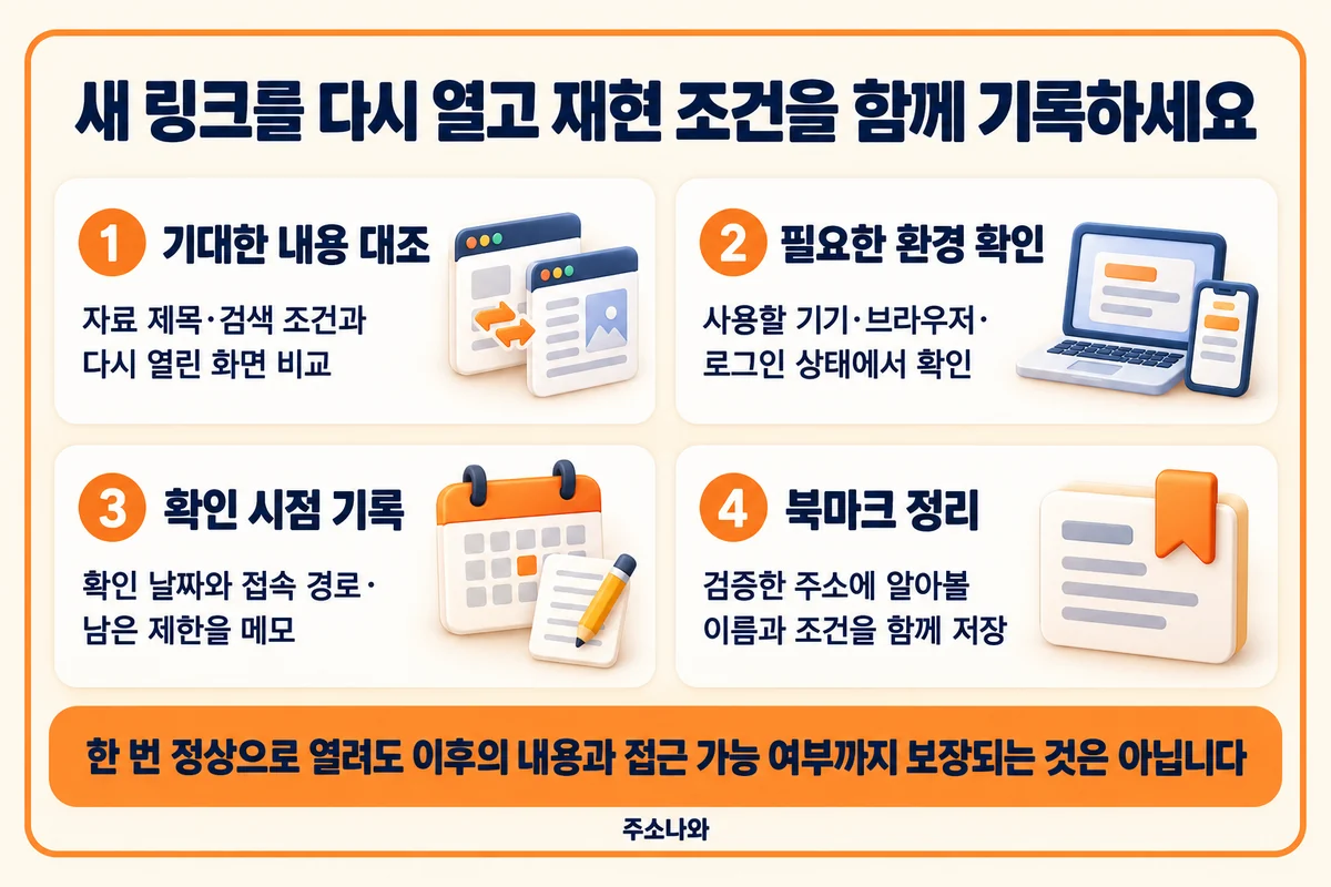새 링크의 자료 제목과 검색 조건, 접속 환경 및 확인 시점을 기록하는 방법