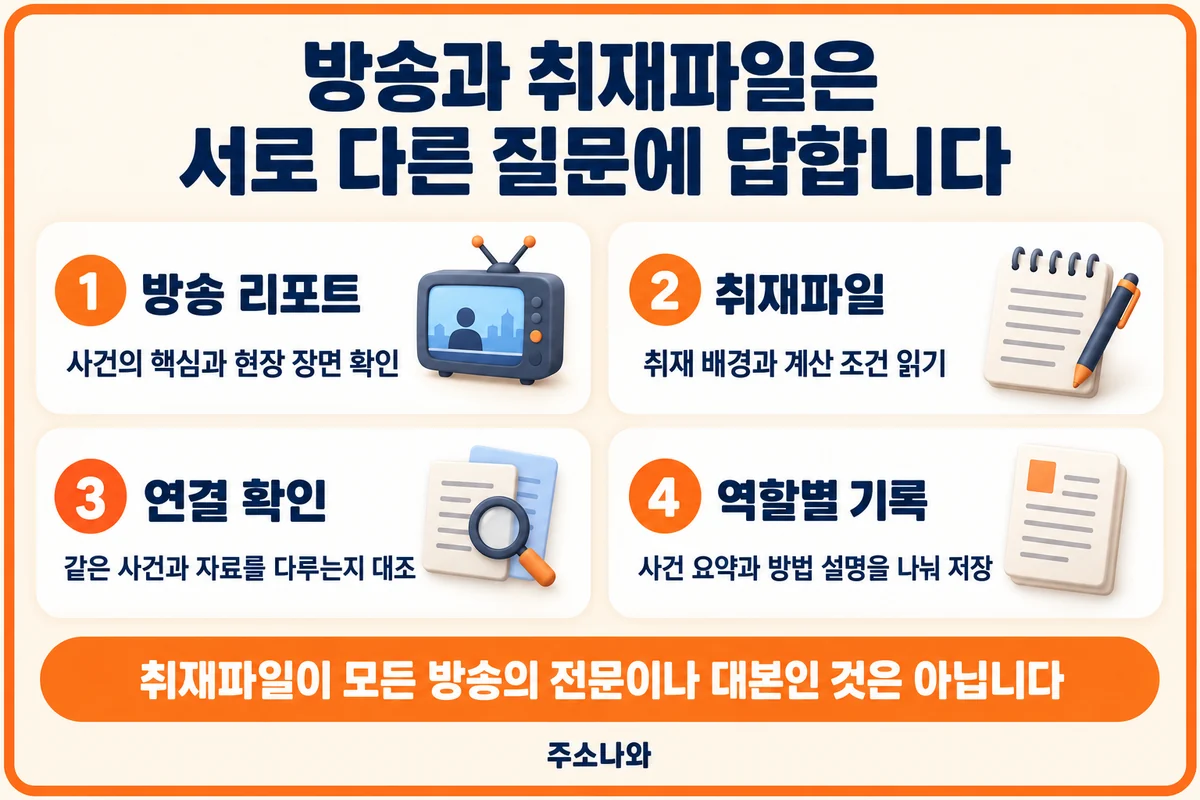 방송 리포트와 취재파일의 역할을 구분하고 같은 사건인지 대조하는 방법