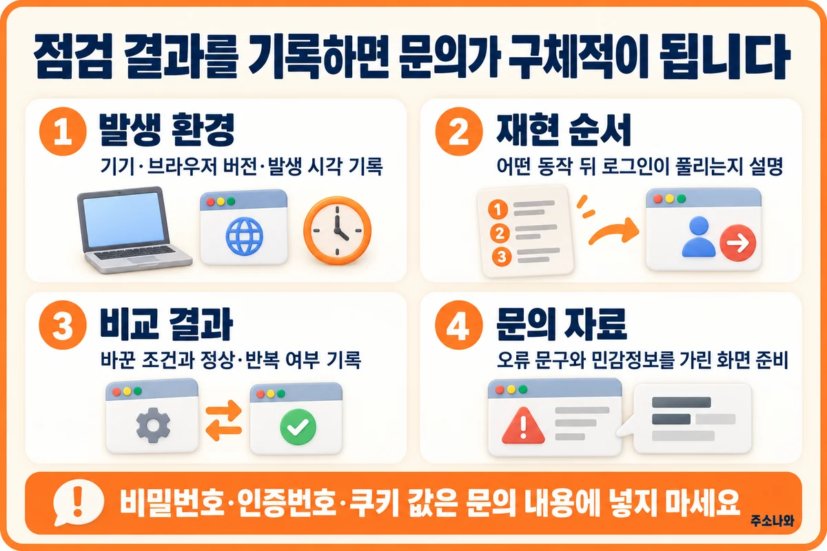 발생 환경·재현 순서·조건별 비교 결과·민감정보를 가린 문의 자료 준비