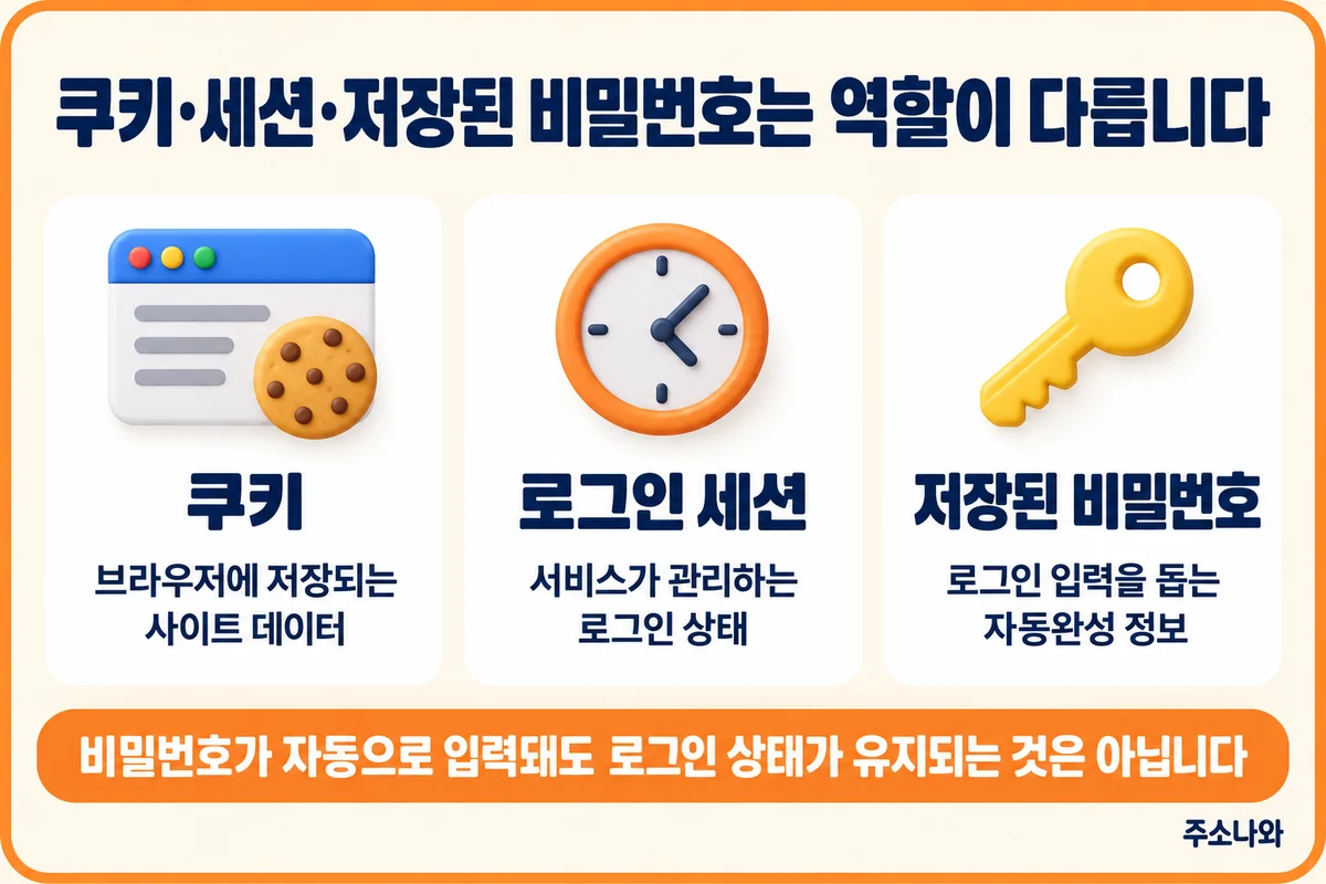 사이트 데이터인 쿠키·서비스의 로그인 상태인 세션·입력을 돕는 저장된 비밀번호 비교